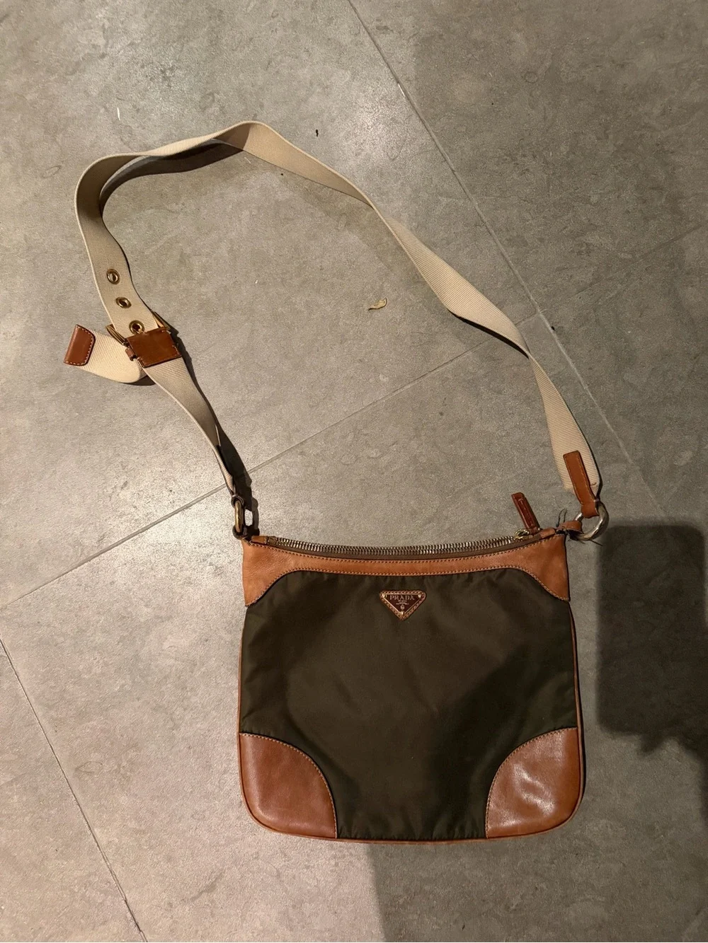 Prada Olive Green Nylon Crossbody with Brown Leather Trim and Cream Strap